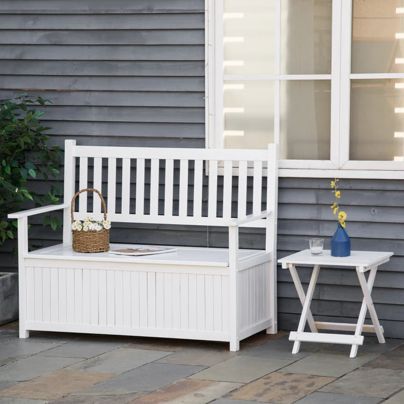 Panchina da Giardino in Legno a 2 Posti con Contenitore, Schienale e Braccioli, 123.5x66.5x97cm, Bianco
