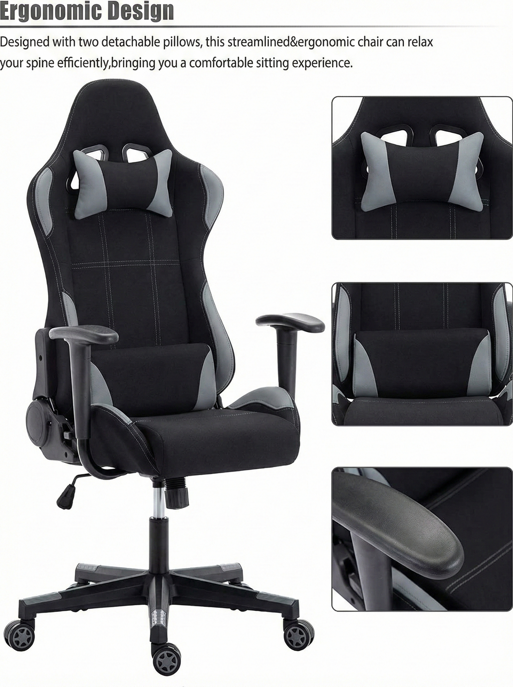 IntimaTe WM Heart Sedia Gaming di Tessuto, Poltrona Ufficio Ergonomica Stoffa con Supporto Lombare, Reclinabile Poltrona Gamer Sedile Regolabile Alta, Grigio