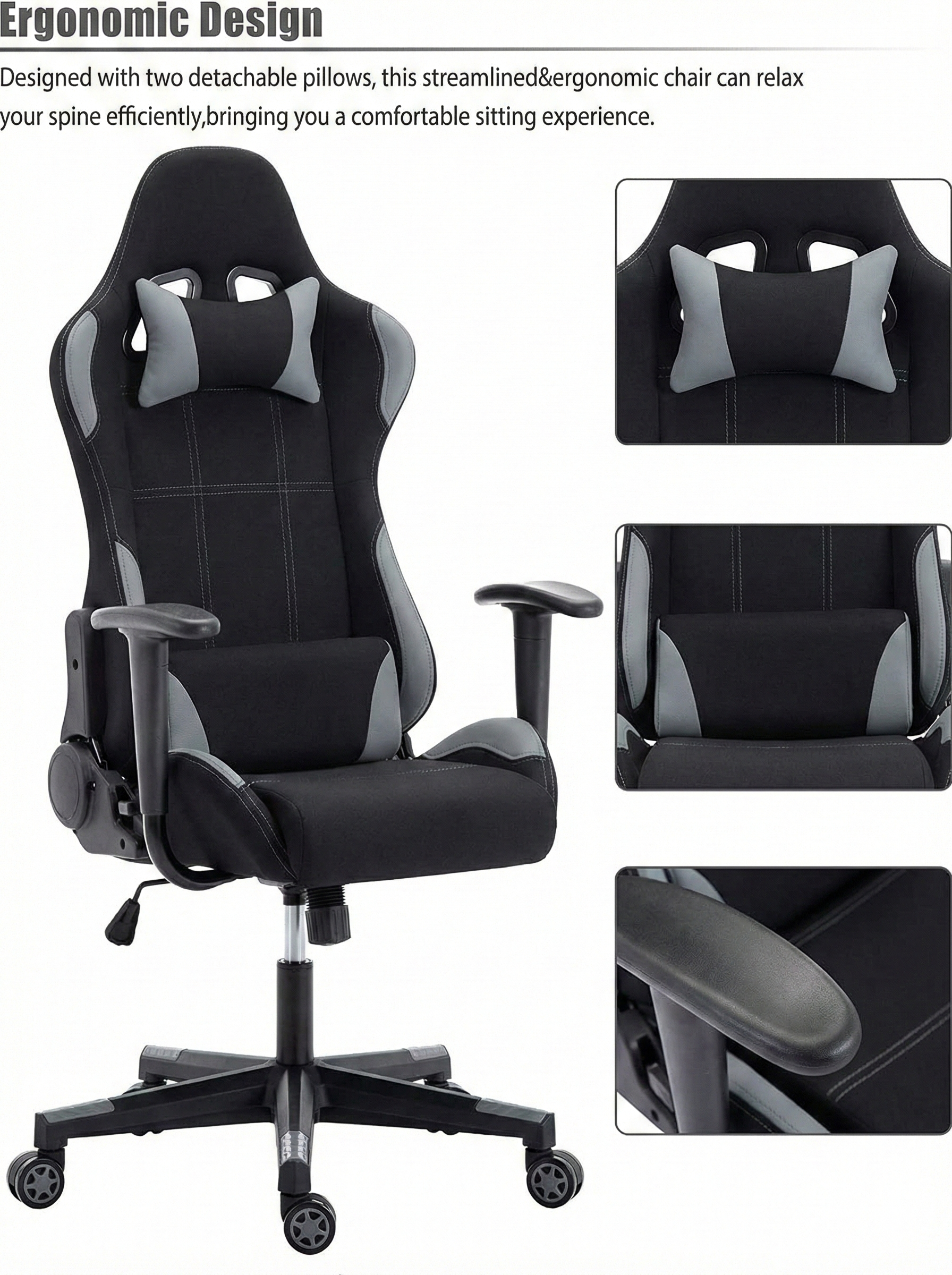 IntimaTe WM Heart Sedia Gaming di Tessuto, Poltrona Ufficio Ergonomica Stoffa con Supporto Lombare, Reclinabile Poltrona Gamer Sedile Regolabile Alta, Grigio
