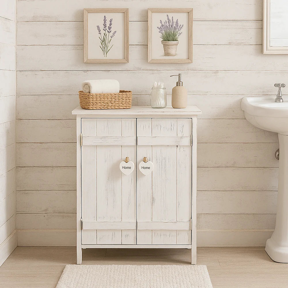 Mobiletto per bagno shabby con 2 ante bianco decapato