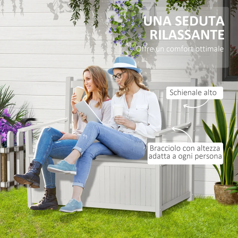 Panchina da Giardino in Legno a 2 Posti con Contenitore, Schienale e Braccioli, 123.5x66.5x97cm, Bianco