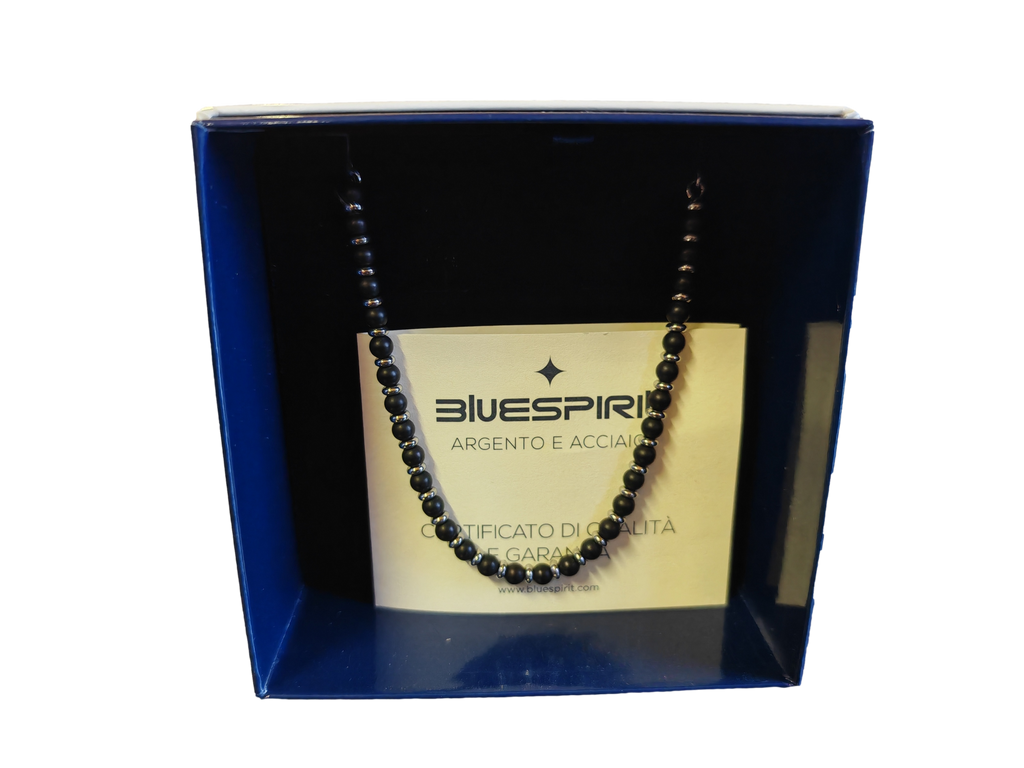 Bracciale Bluespirit In Acciaio Con Sfere Nere E Finiture Color Silver, Lunghezza Cm 22, In Confezione Regalo, Per Uomo.