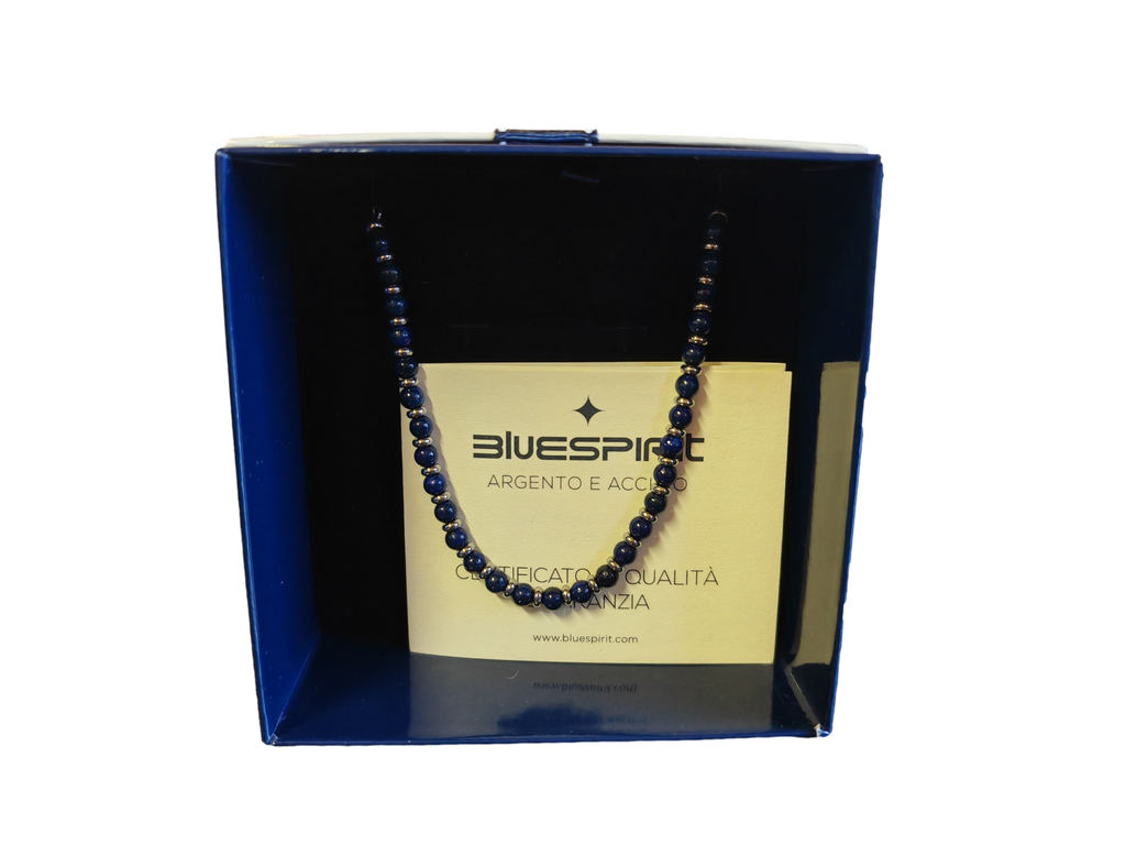 Bracciale Bluespirit In Acciaio Con Sfere Blu Notte E Finiture Color Silver, Lunghezza Cm 22, In Confezione Regalo, Per Uomo.